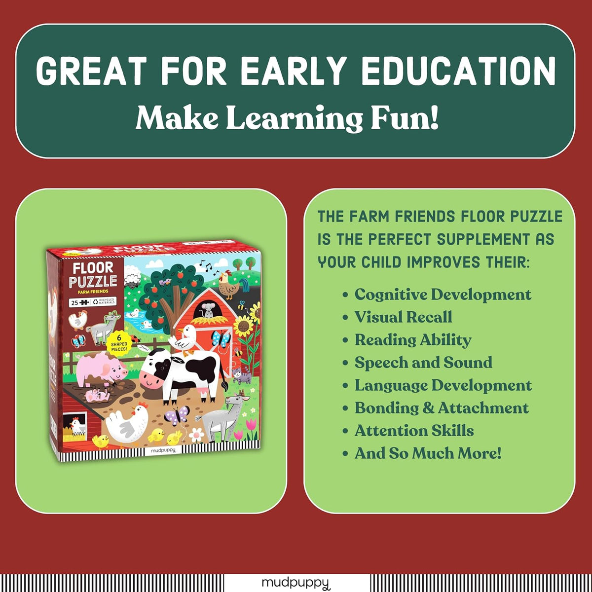 Farm Friends Adventure Big Floor Puzzle – 12 Piece Educational Puzzle for Toddlers Ages 2+