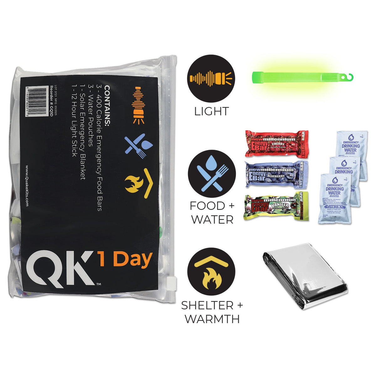 Quake Kits 1 Day Quick Grab Kit in Resealable Bag