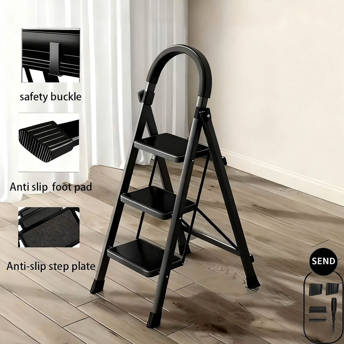 Folding 3/4-Step Ladder – Portable Steel Step Stool, Anti-Slip