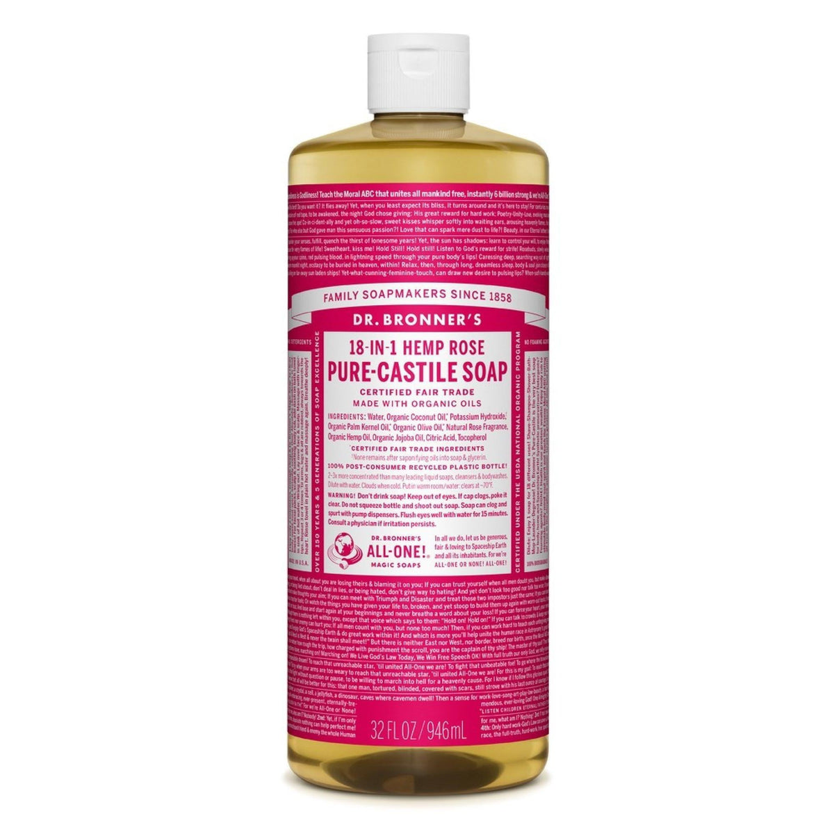 Dr. Bronner's Organic 18-in-1 Hemp Pure Castile Liquid Soap Rose 8 Fl. Oz