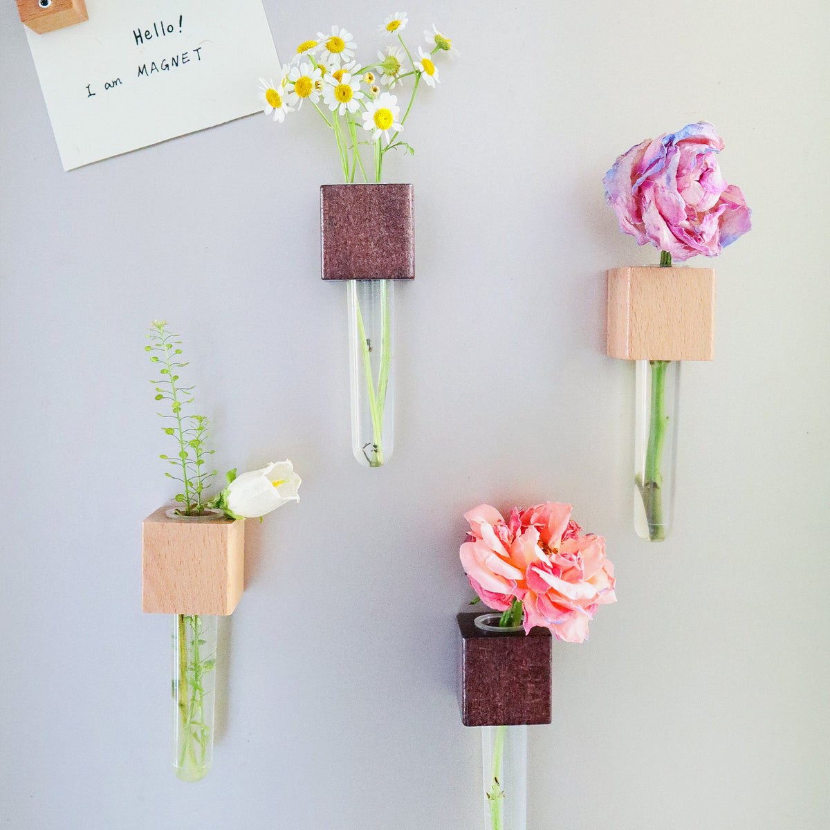 Mini Vase Magnets – Set of 2 – Beech & Walnut Wood – Decorative Fridge Magnets for Small Flowers or Greenery