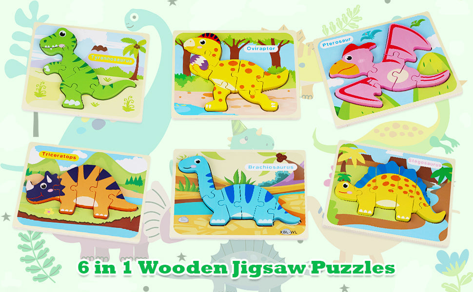 Wooden Dinosaur Puzzle Adventure 7 Preschool Learning Puzzles for Kids Ages 3+ Montessori Jigsaw Set