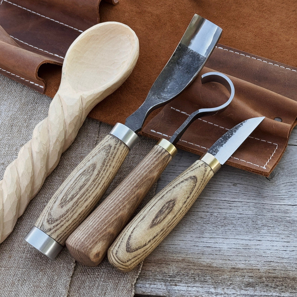 3-Piece Spoon Carving Set with Leather Roll