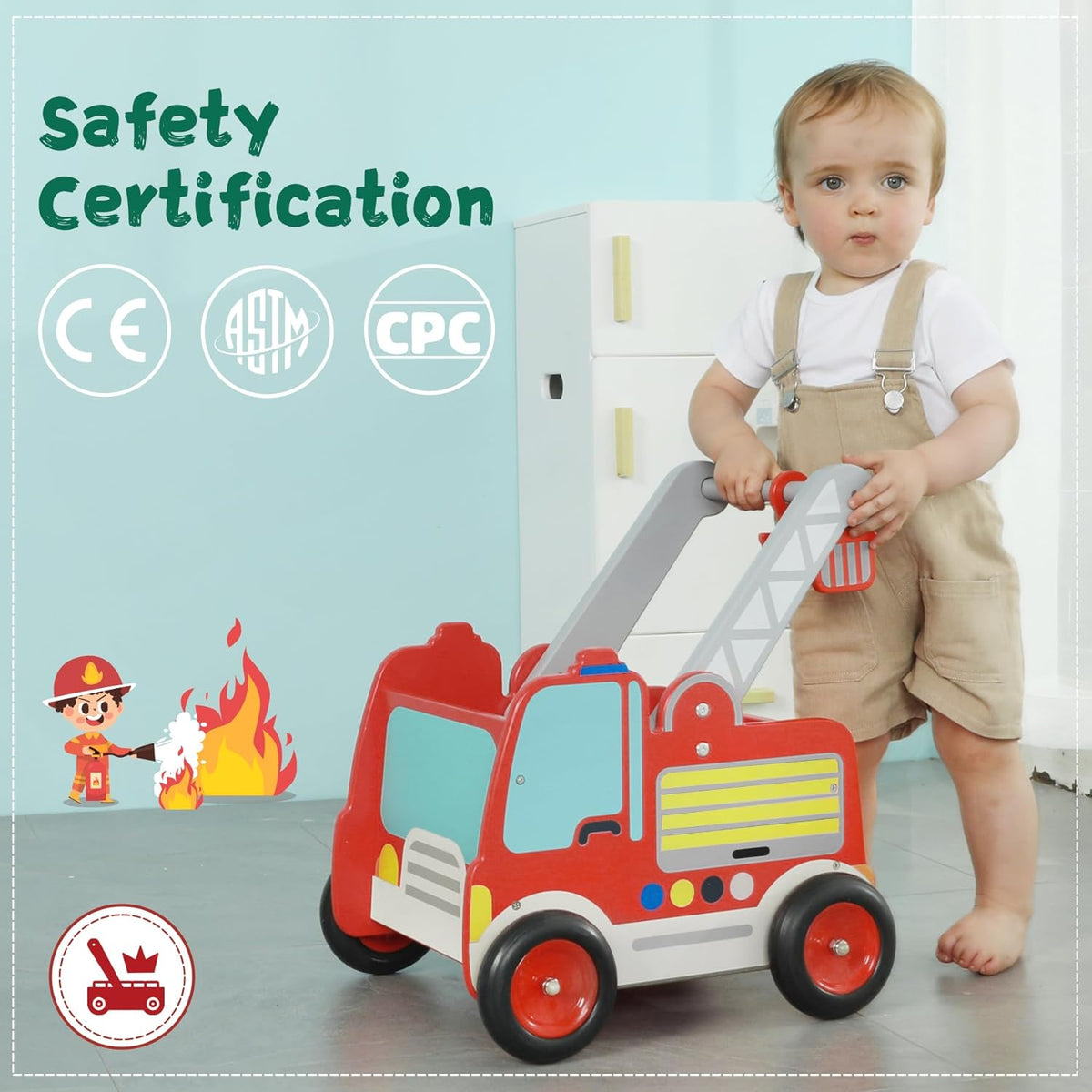 Wooden 2-in-1 Toddler Push & Pull Fire Truck