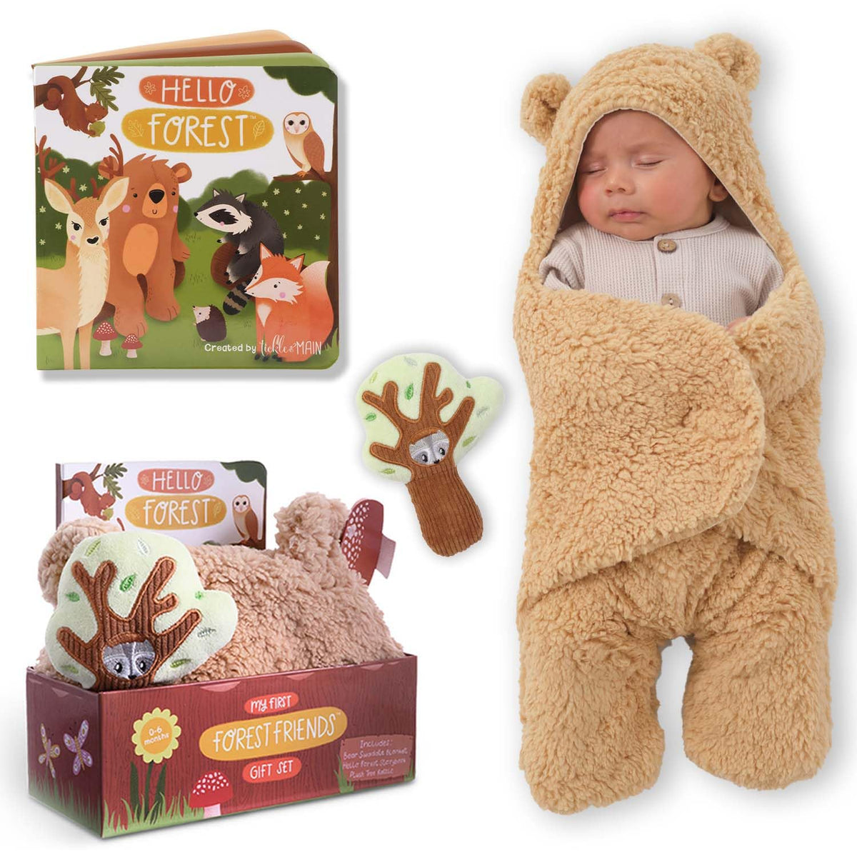 Sweet Bear Swaddle Blanket Newborn Gift Set with Storybook & Tree Rattle