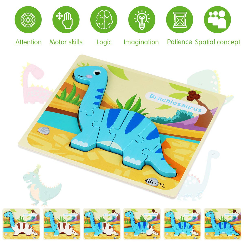 Wooden Dinosaur Puzzle Adventure 7 Preschool Learning Puzzles for Kids Ages 3+ Montessori Jigsaw Set