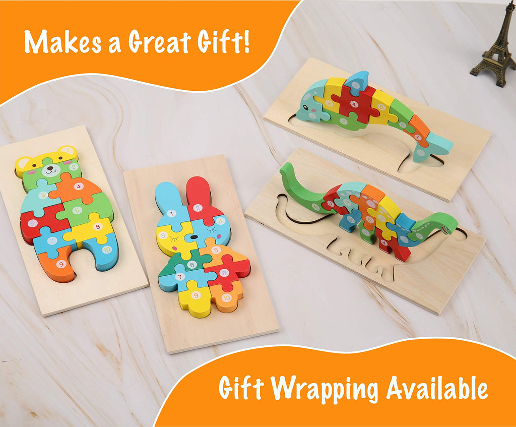 Wooden Montessori Puzzles Including: Dinosaur, Dolphin, Rabbit And Teddy Bear Patterns