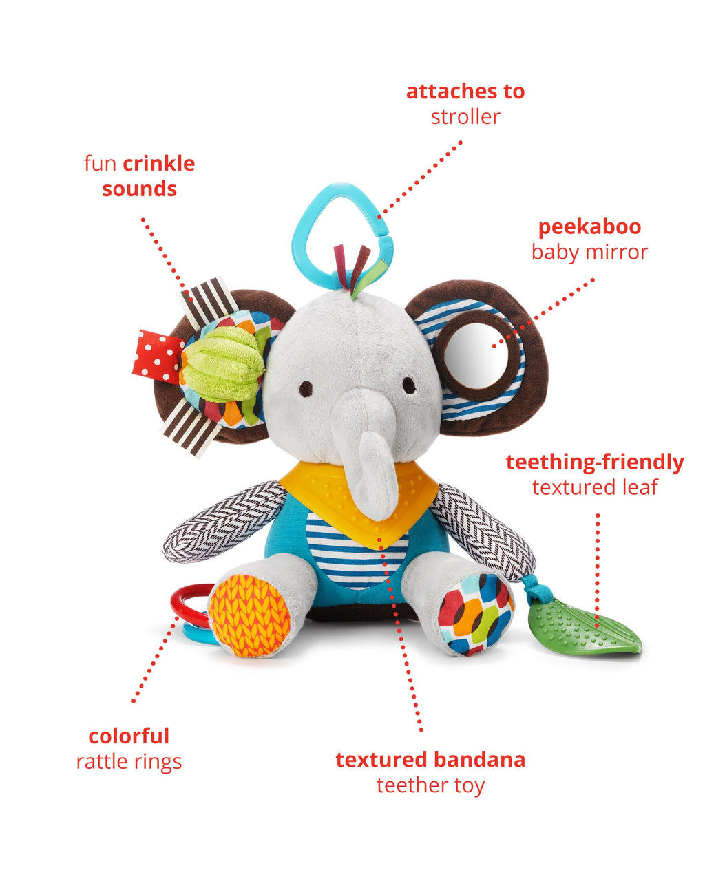 Elephant Teether with Rattles, Crinkles & On-the-Go Playtime Fun!