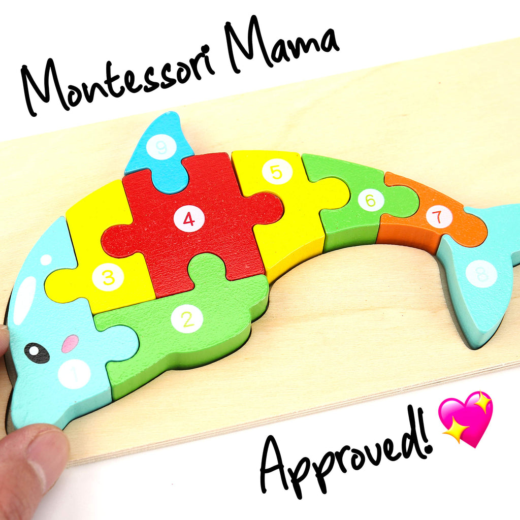 Wooden Montessori Puzzles Including: Dinosaur, Dolphin, Rabbit And Teddy Bear Patterns