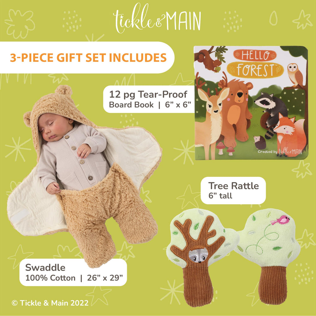 Sweet Bear Swaddle Blanket Newborn Gift Set with Storybook & Tree Rattle