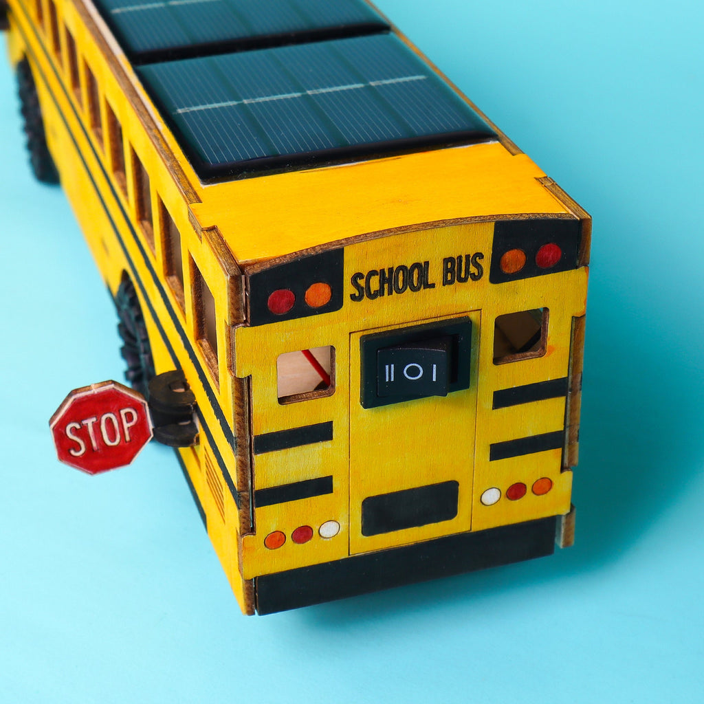 Dual Power School Bus STEM Kit – Build, Paint & Personalize | Battery + Solar Powered