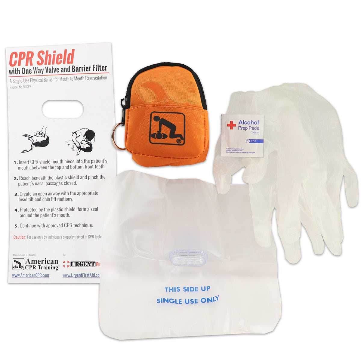 CPR Orange Beltloop Keychain Backpack with Faceshield, Gloves, and Cleansing Wipes