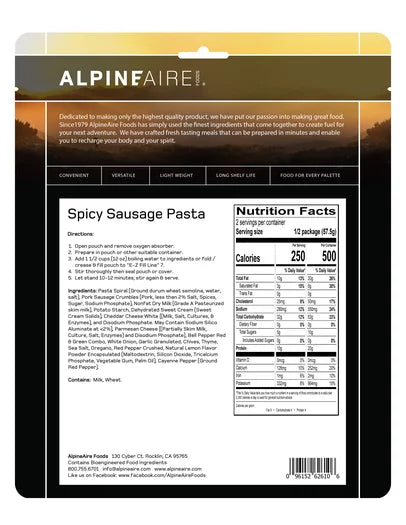 AlpineAire Spicy Sausage Pasta | Cook-in-Pouch Meal