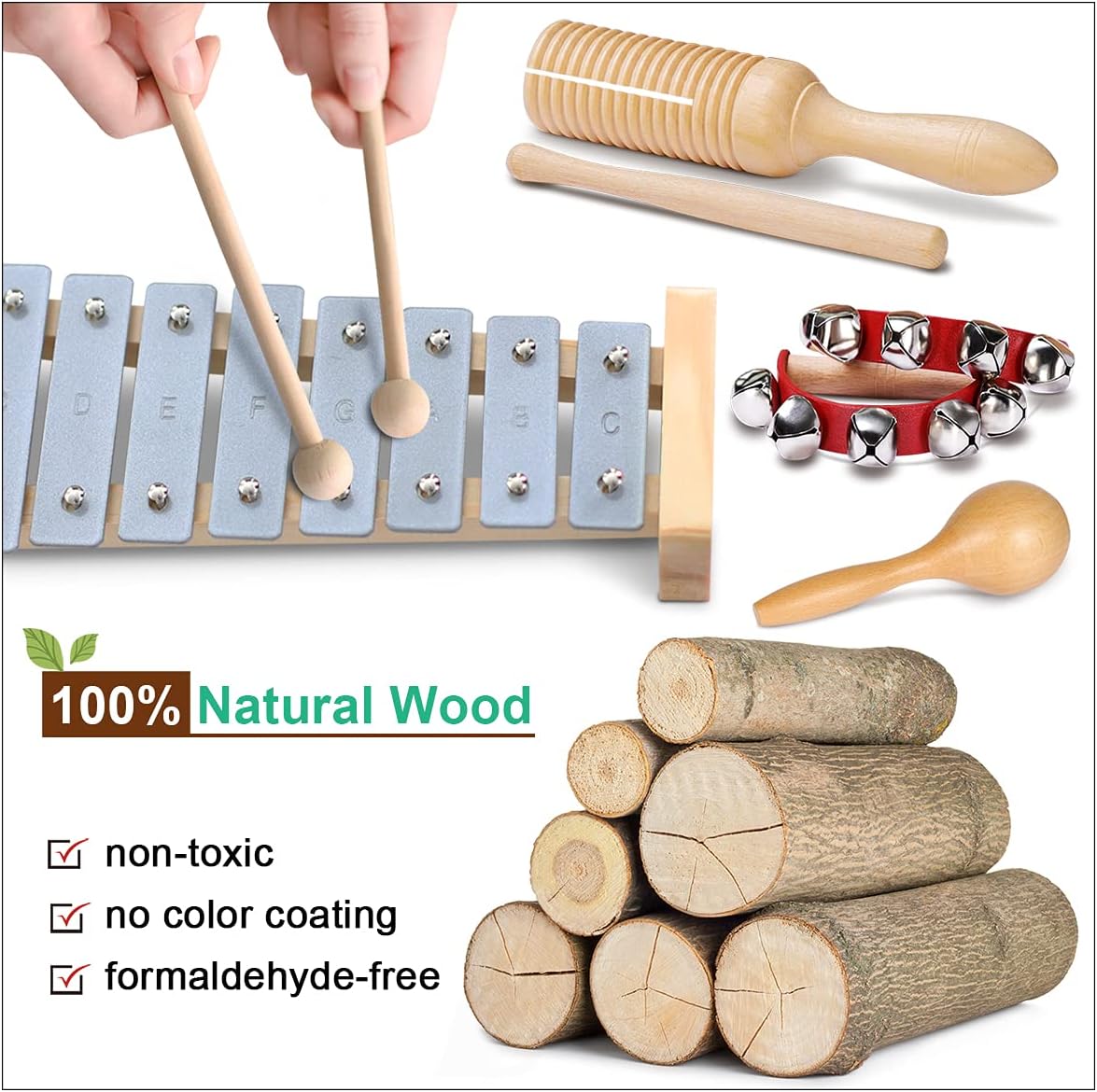 Little Music Makers Wooden Instrument Set for Toddlers Ages 3+ Montessori Musical Toys with Storage Bag