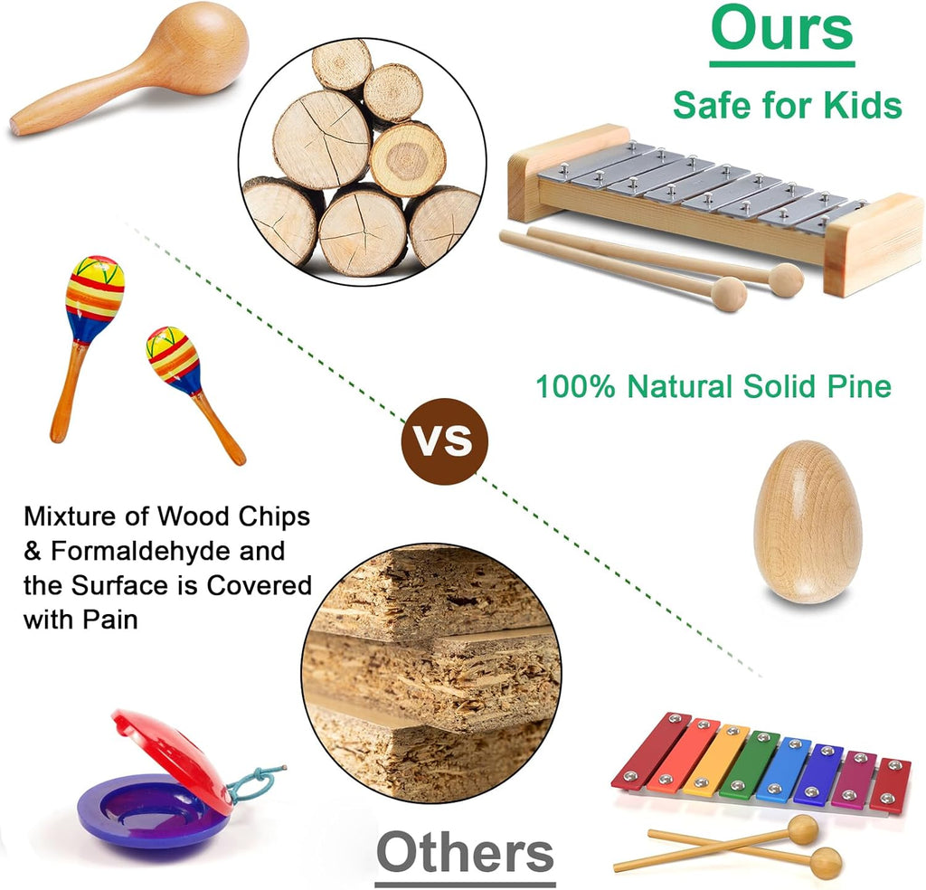 Little Music Makers Wooden Instrument Set for Toddlers Ages 3+ Montessori Musical Toys with Storage Bag
