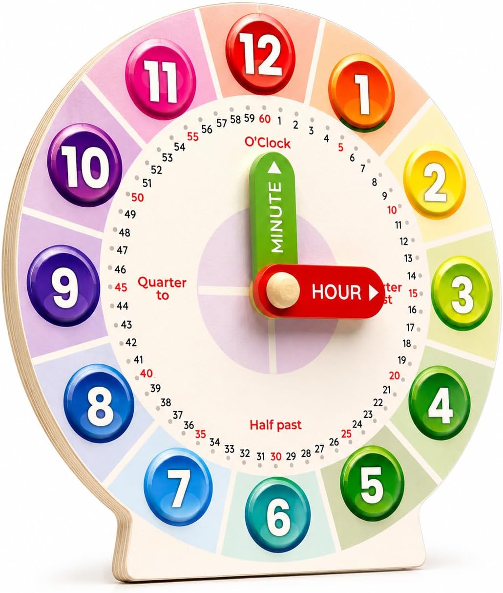 Tick Tock Learn Wooden Teaching Clock for Kids Ages 4+