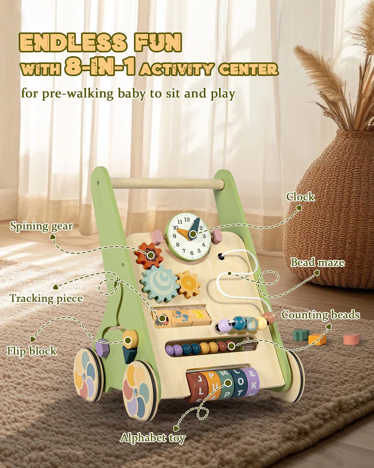 Wooden Push and Pull Multiple Activities Learning Center – Perfect Gift For New Walkers
