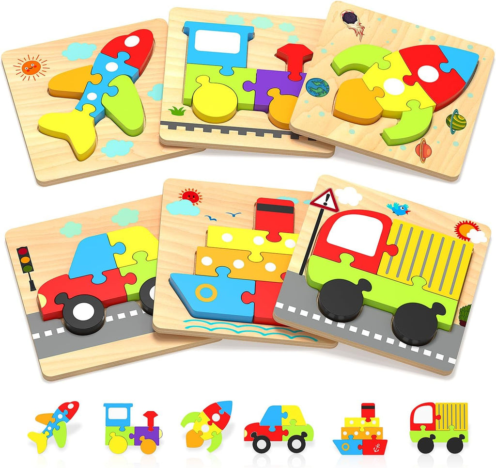 Little Wheels Puzzle Adventure, 6 Pack Wooden Vehicle Puzzles for Toddlers Ages 1+