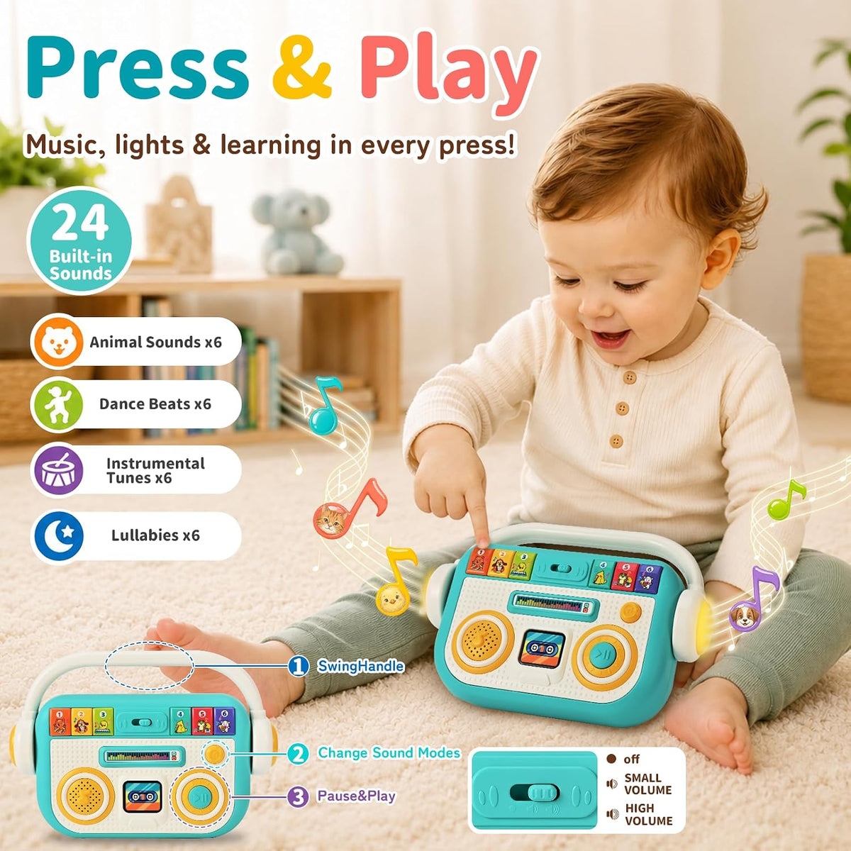 Tiny Tunes Musical Set Baby Music Player and Light Up Tambourine for Toddlers 1 to 3 Sensory Learning Toy 12 Months Plus