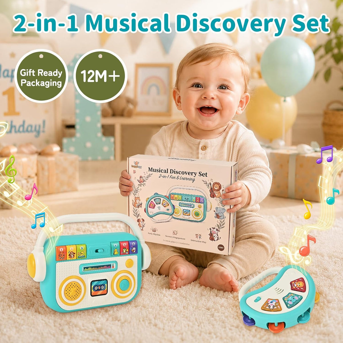 Tiny Tunes Musical Set Baby Music Player and Light Up Tambourine for Toddlers 1 to 3 Sensory Learning Toy 12 Months Plus