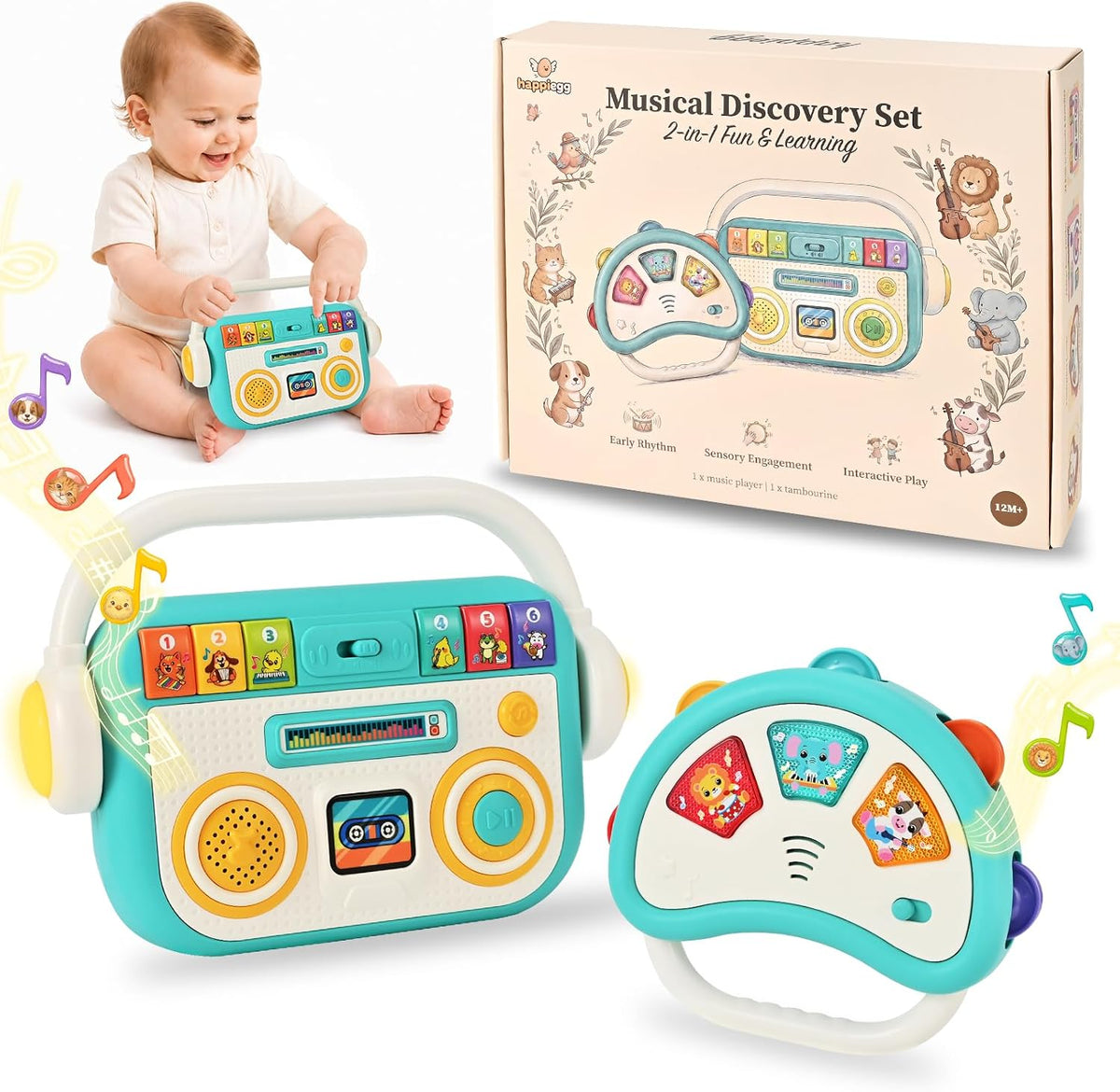 Tiny Tunes Musical Set Baby Music Player and Light Up Tambourine for Toddlers 1 to 3 Sensory Learning Toy 12 Months Plus