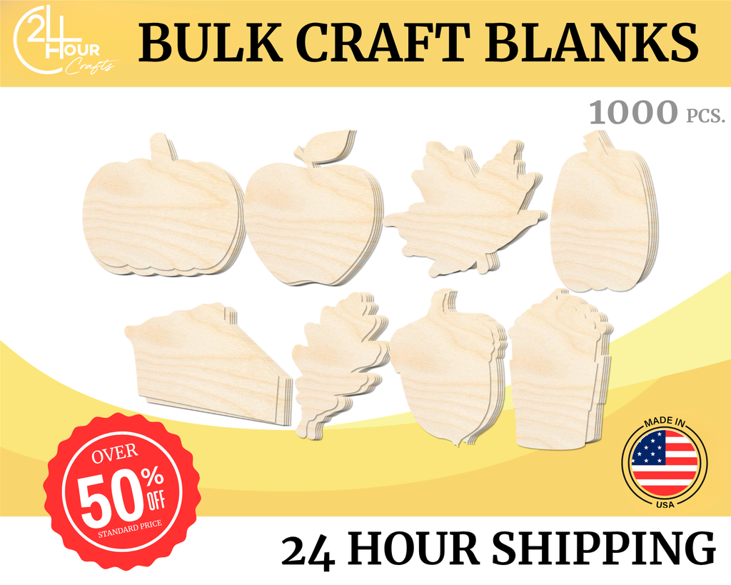 Unfinished Wood Fall Craft Blanks | Bulk 1000 Piece Pack | Fall Themed Shapes | 1/8" Thick Wood Cutouts | 4" or 5" DIY Craft Blanks | Wholesale Craft Supply