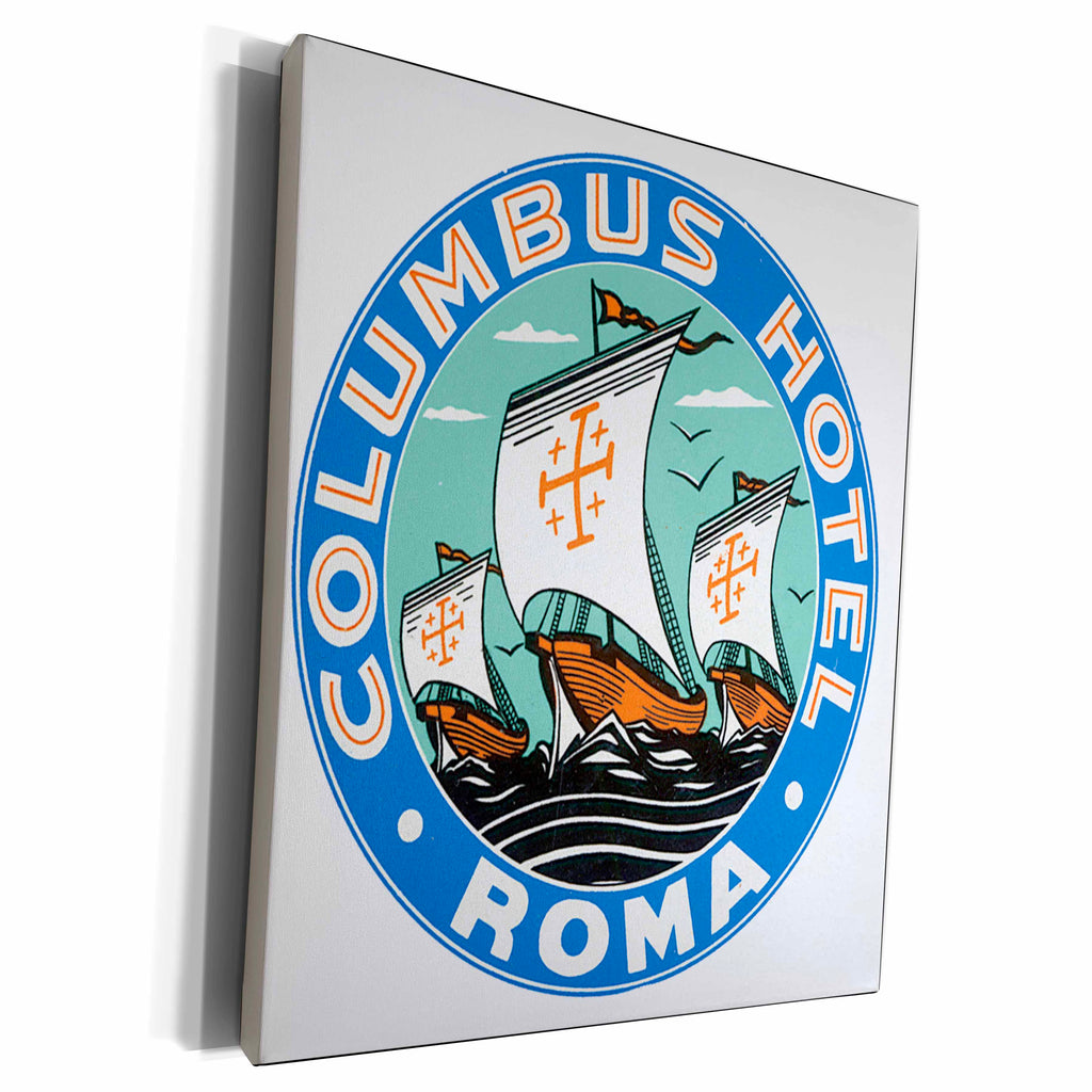 3dRose Columbus Hotel Roma with Columbus Sailing Ships Round... - Museum Grade Canvas Wrap (cw_169848)