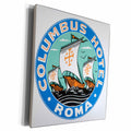 3dRose Columbus Hotel Roma with Columbus Sailing Ships Round... - Museum Grade Canvas Wrap (cw_169848)