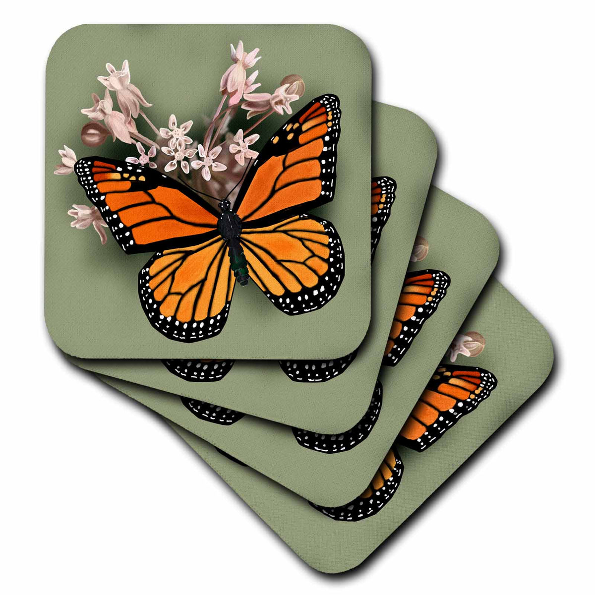 3dRose 777images Digital Art - Butterflies - Monarch Butterfly and Pink Milkweed - Coasters (cst_212839)