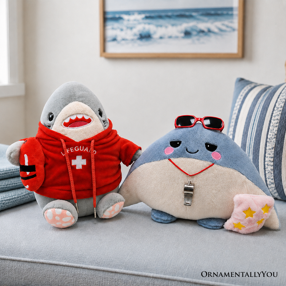 Finn Shark and Ray Stingray Lifeguard Plushie Set, 10.5" Funny Ocean Stuffed Animal Gift for Sea Life Lovers