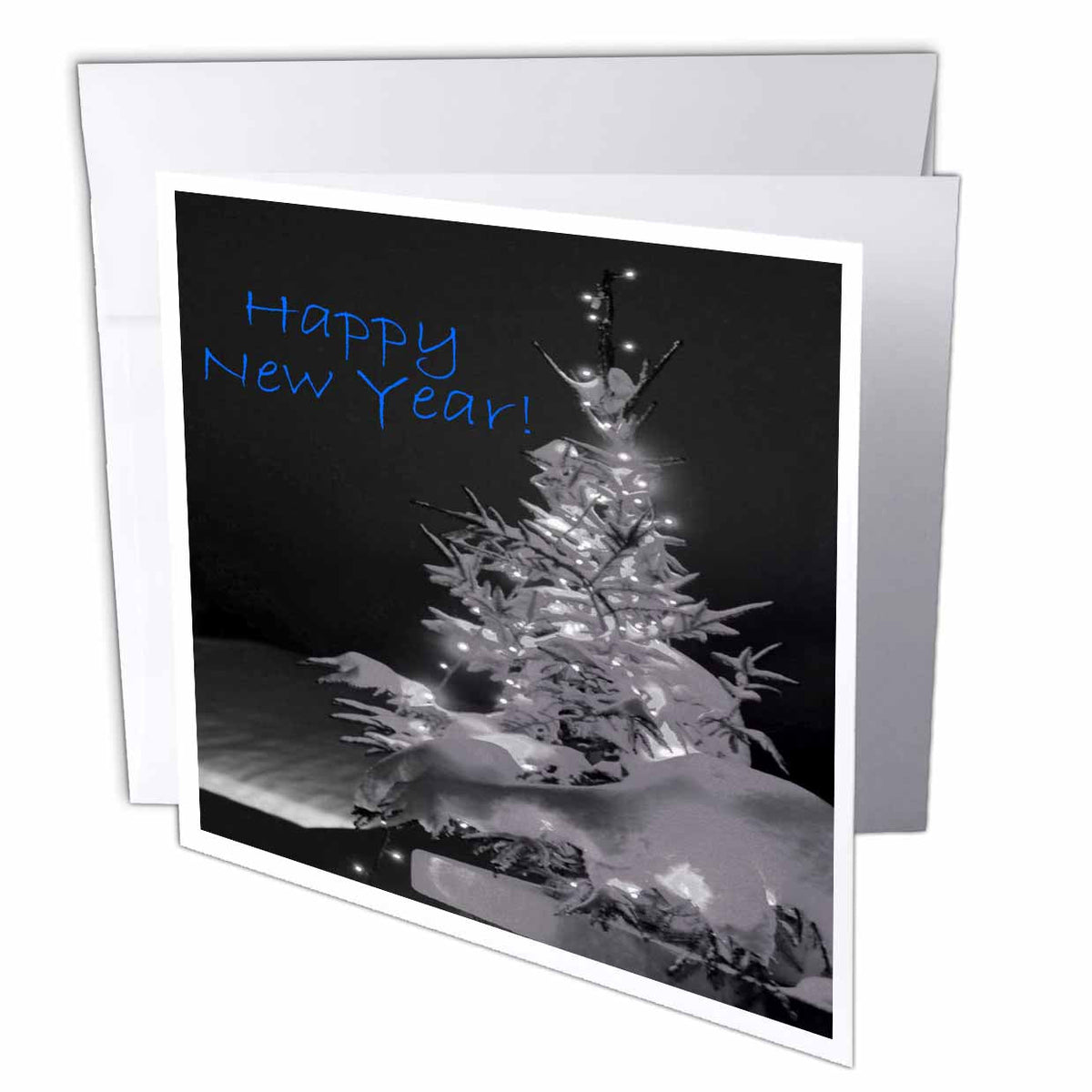 Yves Creations Pretty Christmas Tree - Pretty Christmas Tree Happy New Year in Black and White With Blue Text - Greeting Cards