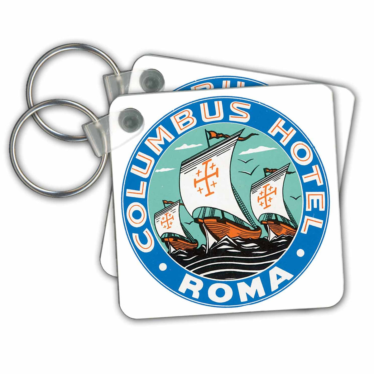 3dRose Key Chains Columbus Hotel Roma with Columbus Sailing Ships Round Label (kc-169848-1)