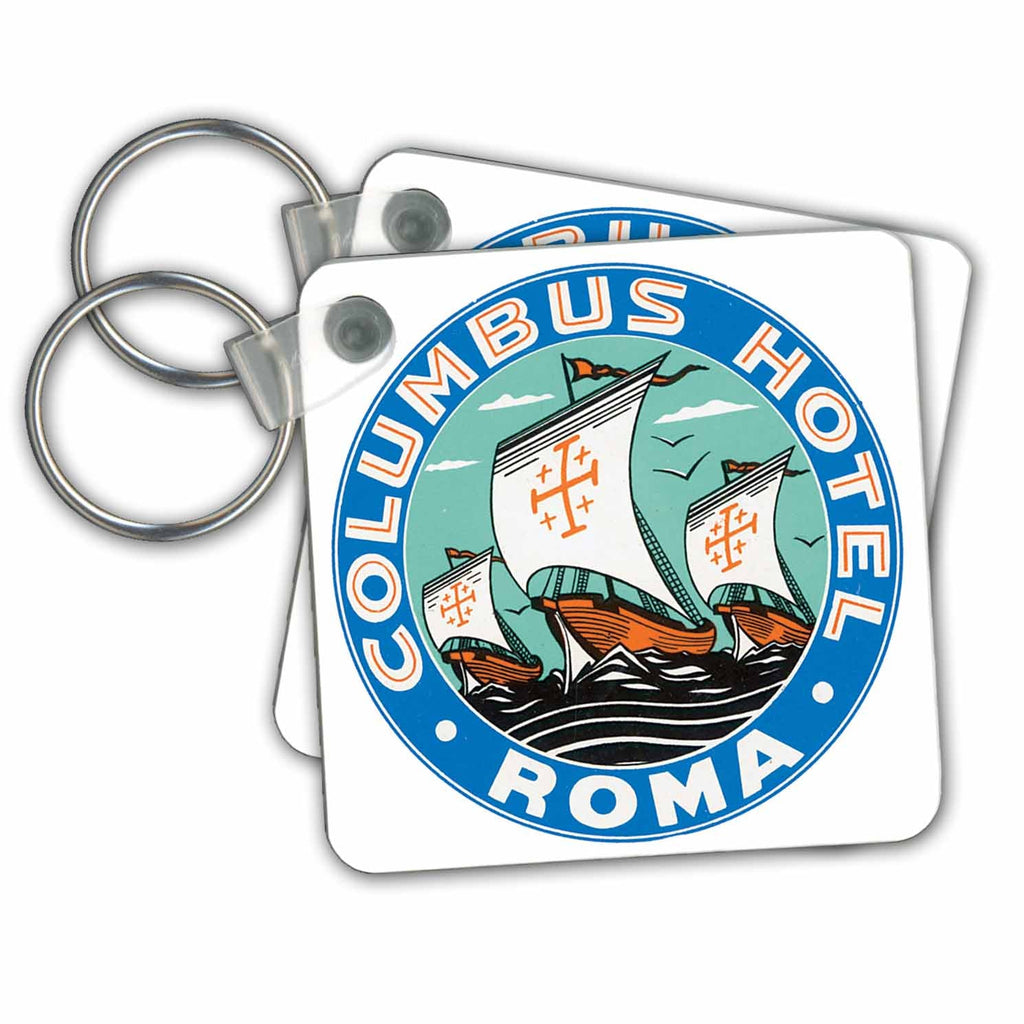 3dRose Key Chains Columbus Hotel Roma with Columbus Sailing Ships Round Label (kc-169848-1)