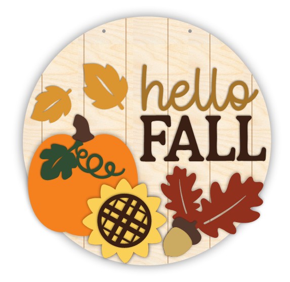 Unfinished Wood Hello Fall Pumpkin and Leaves Door Sign Kit | Wood Craft Cutouts | 1/4" Thick |