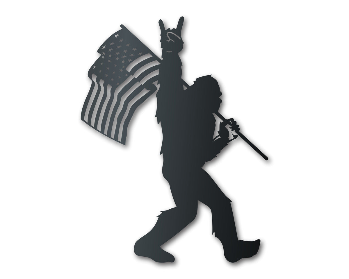 American Bigfoot Metal Sign | Patriotic Paranormal Wall Art | Indoor Outdoor | Up to 46" | Over 20 Color Options