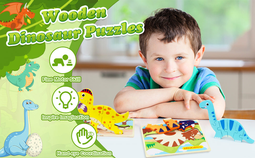 Wooden Dinosaur Puzzle Adventure 7 Preschool Learning Puzzles for Kids Ages 3+ Montessori Jigsaw Set