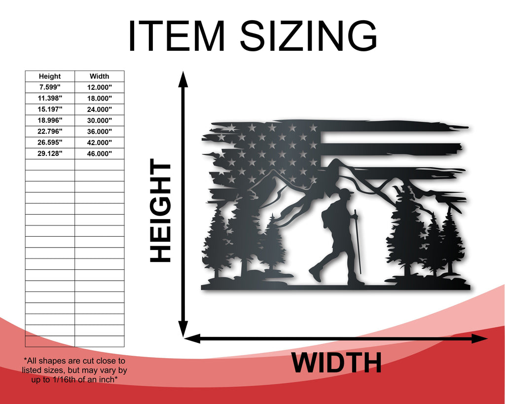 Hiking USA Metal Sign | Patriotic Mountain Wall Art | Indoor Outdoor | Up to 46" | Over 20 Color Options