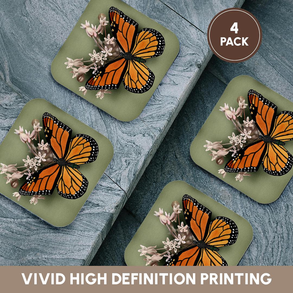 3dRose 777images Digital Art - Butterflies - Monarch Butterfly and Pink Milkweed - Coasters (cst_212839)